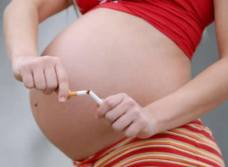 Pregnant woman ripping up a cigarette