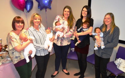 Midwife Lucy Atkins with Percy; midwife Sarah Banks with Ellie; healthcare assistant Kirsty Barcock with Ella, midwife Jenny Fogg with Oscar and Cathryn Parkinson with William