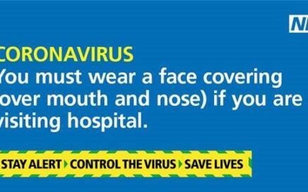 Text reads: You must wear a face covering (over mouth and nose) if you are visiting hospital.