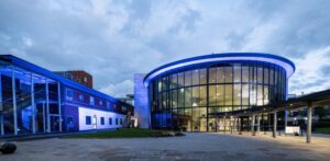 Blackpool Victoria Hospital lit blue