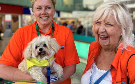 Trish Armstrong-Child, Margaret Ford and Frankie the therapy dog